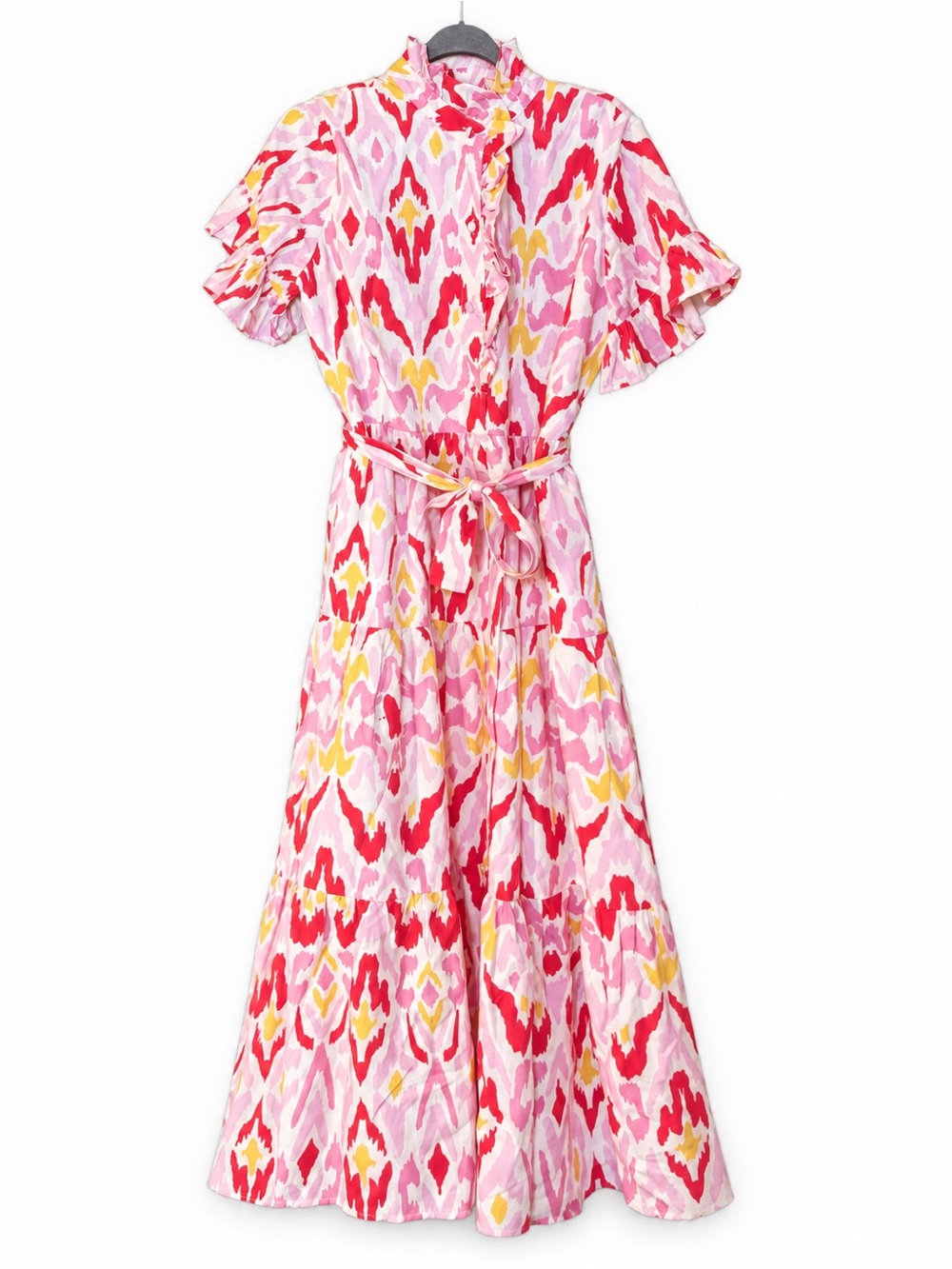 Abbey Glass Size Large Pink Red Yellow Ikat Print Ruffle Maxi Dress